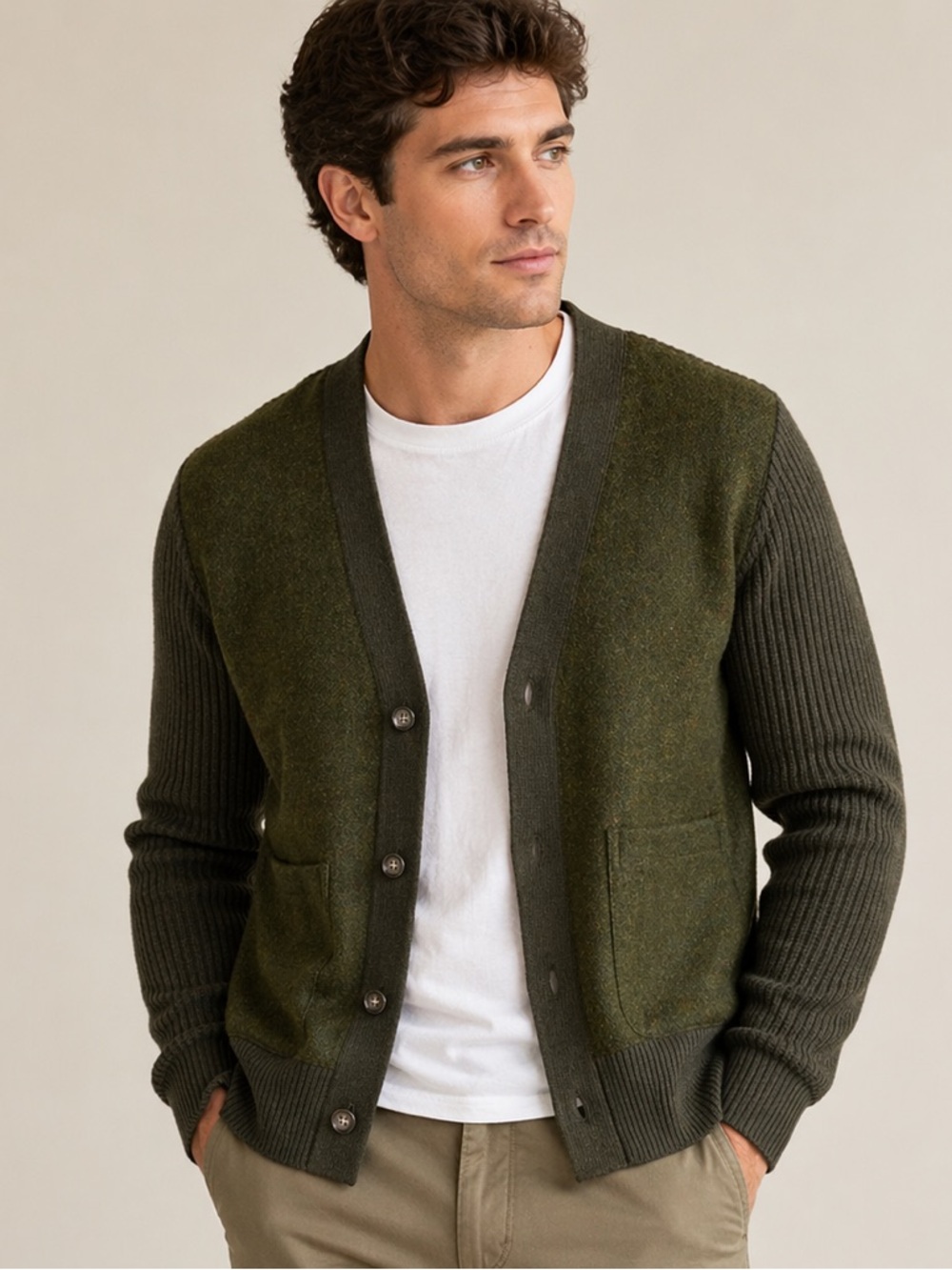 JCrew Ribbed wool V-neck cardigan sweater with English wool panels dark olive M